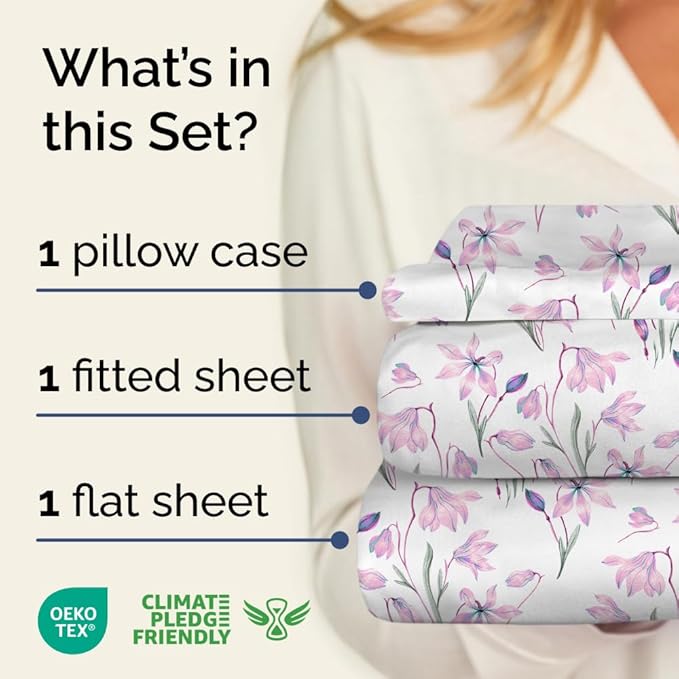 Floral Sheets - Pink Floral Bed Sheet Set - 1 Flat & 1 Fitted & 1 Pillowcase w/ Deep Pockets - Comfy, Wrinkle & Fade Free - Boho Botanical Bedding - Ultra-Soft, Breathable & Cooling - Twin XL Size Set