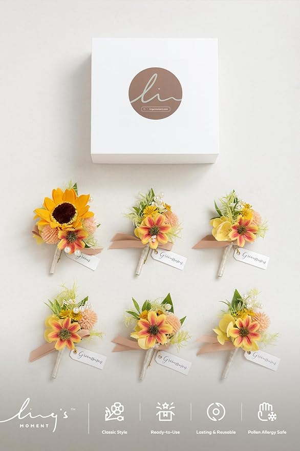 Ling's moment Boutonniere for Men, 6pcs Groom Groomsmen Boutonniere, Artificial Flowers for Wedding Decor/Prom/Homecoming, etc.Sunflower Yellow