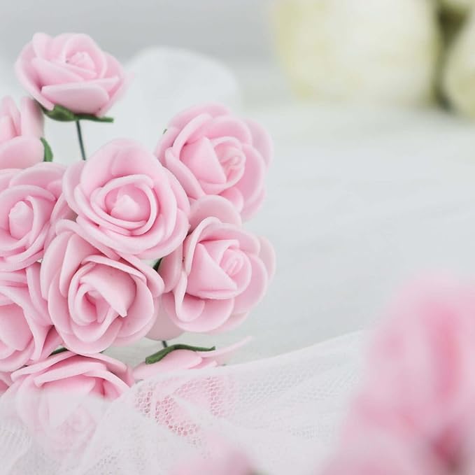 Efavormart 48 Roses | 4" Tall Pink Real Touch Artificial DIY Foam Rose Flowers with Stem, Craft Rose Buds