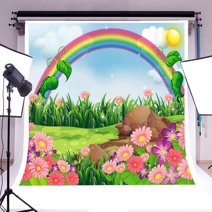 AOFOTO 10x10ft Cartoon Spring Flowers Rainbow Backdrop Meadow Sweet Floral Blossom Sky Sun Enchanting Garden Scenery Background for Kids Baby Shower Birthday Party Decor Wallpaper Photoshoot Props