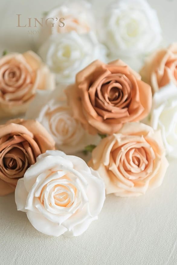 Ling's moment Artificial Flowers 16pcs Silk Roses with Stems, 3.5" Fake Vendela Roses Bulk for DIY Wedding Bouquets Centerpieces Party Baby Shower Home Decoration, French Orange & Cream