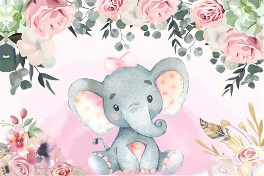 AOFOTO 5x3ft Pink Flowers Elephant Baby Shower Backdrop for Girl Sweet Floral Gender Reveal Background for Photography Kids Infant Birthday Party Banner Cake Table Decoration Photo Studio Props Vinyl