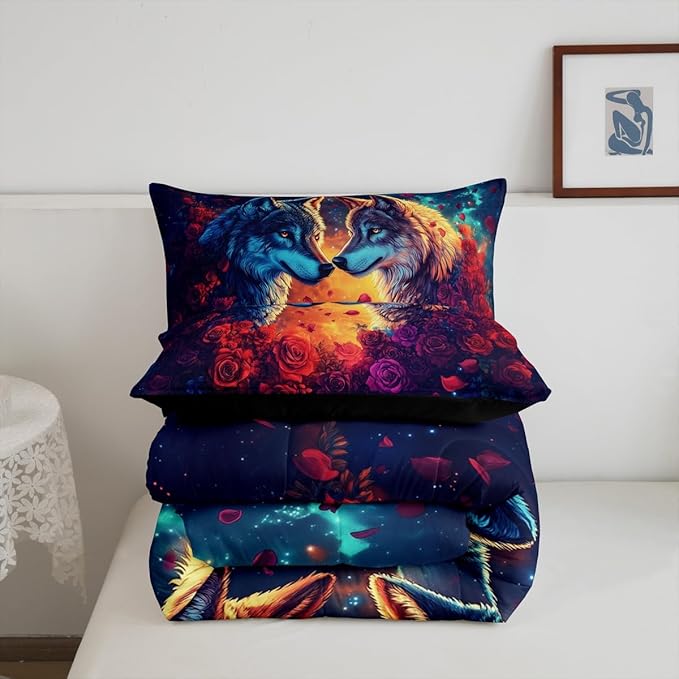 Wolf Full Size Comforter Set,Wild Animal Print Couple Theme Reversible Bedding Comforters Bedroom Collection,Romantic Red Rose Flowers Watercolor Galaxy Bedding Set for Girls Teens