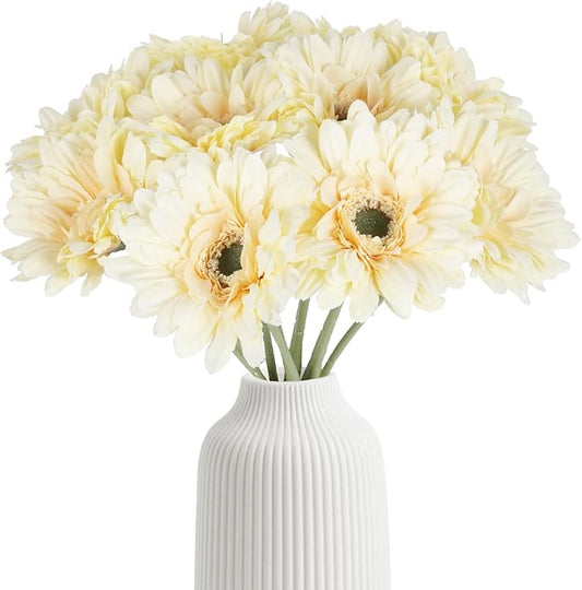 Gerbera Daisy Artificial Flowers Silk Flowers Champagne Gerber Daisy Artificial 10PCS Fake Daisies 17.7in Faux Daisies for Wedding Bridal Bouquet Party Home Kitchen Decor(Champagne)