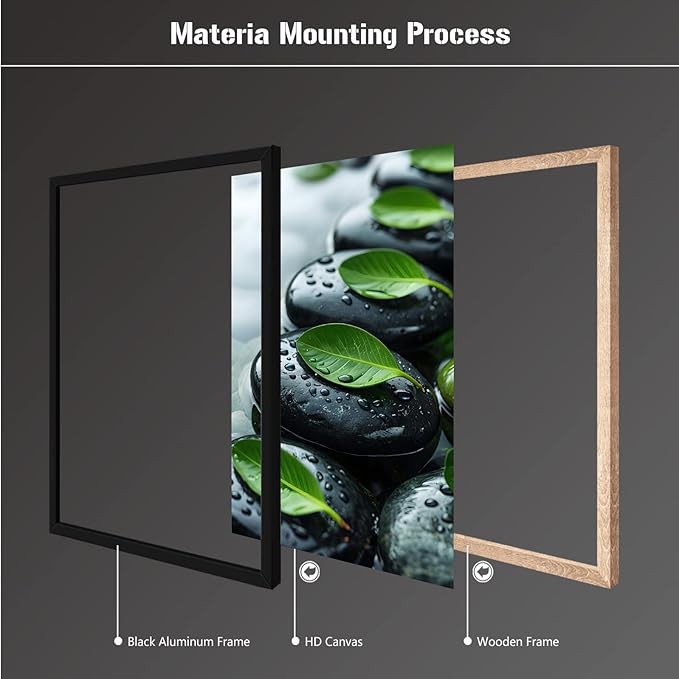 Glittering black stone cluster with fresh green leaves and water drops poster tranquil mist rain wall art zen wall art suitable for modern minimalist home decor 24x36in Metal blackFramed