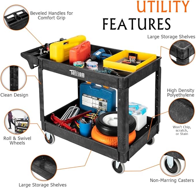 TUFFIOM Plastic Service Utility Cart with Wheels, 550lbs Capacity Heavy Duty Tub Storage Cart W/Deep Shelves, Multipurpose Rolling Extra Large 2-Tier Mobile Storage, for Warehouse Garage Industrial
