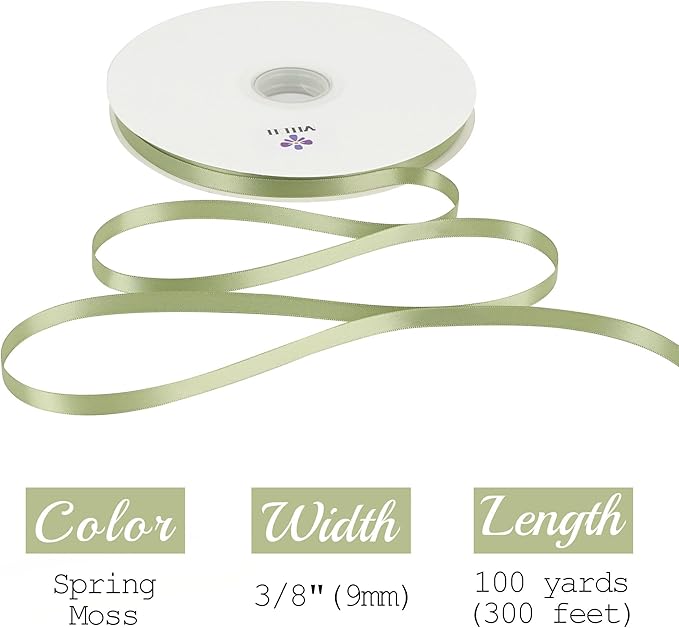 MEEDEE Olive Green Ribbon 3/8 Inch Double Faced Satin Ribbon 100 Yards Bulk Thin Green Ribbons for Gift Wrapping, Wedding, Crafts, Card Making, Favor Decor