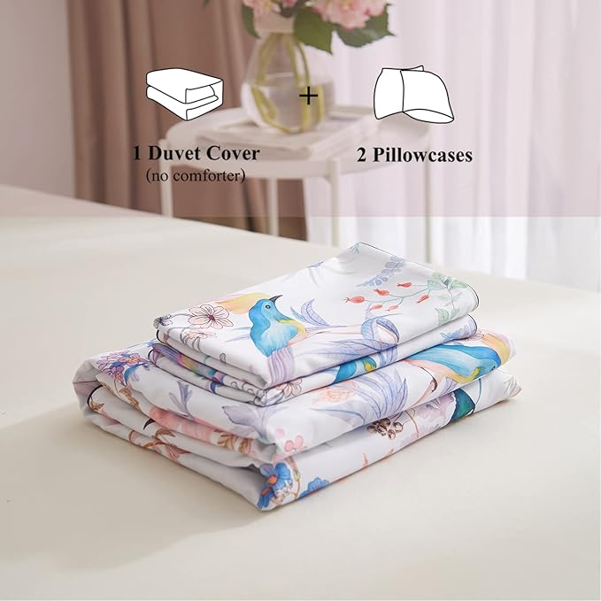 VM VOUGEMARKET Multi Color King Duvet Cover Set with Floral Bird Pattern,White Purple Bedding Set,Lightweight Elegant Botanical Duvet Cover for Girls