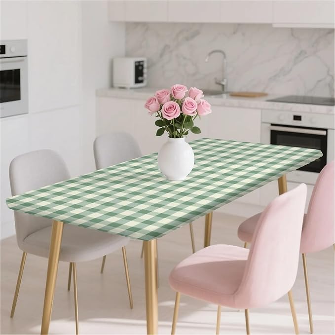 Rectangle Table Cloth Cover Waterproof Elastic Fitted Polyester Fitted Tablecloths for 8 Foot Tables for Indoor,Picnic, Camping, Outdoor （96" x 30"，Green Grid）