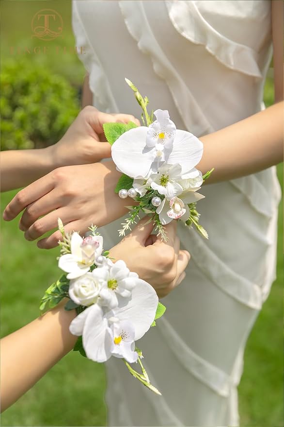 TINGE TIME Set of 2 Wrist Corsage Bracelets Pearl Wristlet Band Bridesmaid Bracelet for Wedding Ceremony Bridal Shower Wedding Artificial Flower Prom (IvoryWhite)