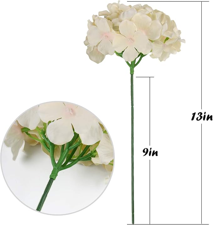 Flojery Silk Hydrangea Heads Artificial Flowers Heads with Stems for Home Wedding Decor,Pack of 10 (Champagne)