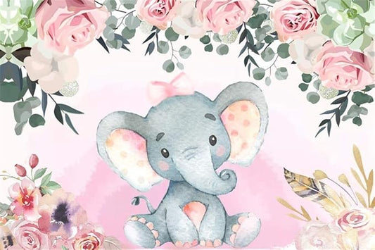 AOFOTO 12x8ft Pink Flowers Elephant Baby Shower Backdrop for Girl Sweet Floral Gender Reveal Background for Photography Kids Infant Birthday Party Banner Cake Table Decoration Photo Studio Props Vinyl