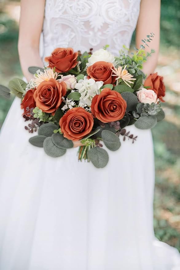 12pcs Roses Artificial Flowers Burnt Orange Fake Roses Flowers with Long Stems Silk Flowers for Wedding Bouquet Centerpices Decorations Party Bridal Baby Shower Home Decor
