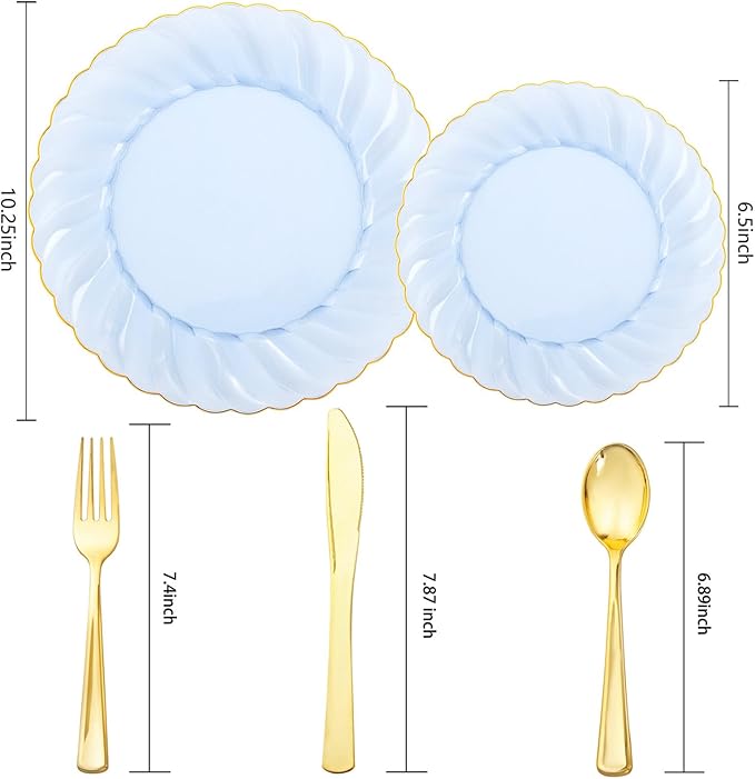 YOUBET 125PCS Clear Blue Gold Plastic Plates - Blue Disposable Plates With Gold Rim Include 25 Dinner Plates 25 Dessert Plates 75 Golden Silverwares for Wedding Birthday & Parties