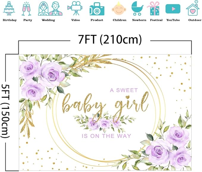 Mocsicka Floral Sweet Baby Girl Backdrop It's a Girl Baby Shower Background Watercolor Lavender Purple Floral Baby Shower Party Cake Table Decoration Photo Booth Props (7x5ft)