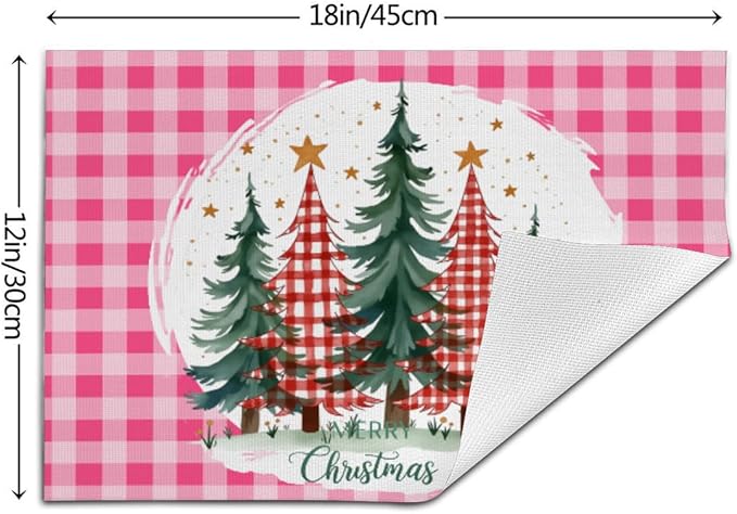 PVC Placemats Set of 1 Wipeable Table Mats Washable Heat Resistant Non Slip Vinyl Dining Table Mat for Kitchen Indoor Outdoor Patio Farmhouse Place Mats Pink Grid Christmas Tree Decorative