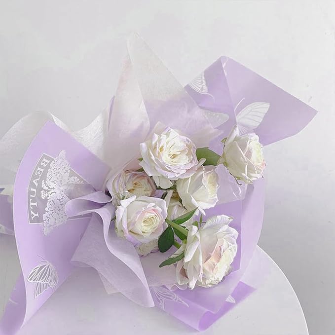 WRAPAHOLIC 20 Sheets Flower Wrapping Paper - 22.4 x 22.4 inch Purple Butterfly Water-Resistant Floral Bouquet Wrapping Paper, Florist Supplies Packaging for Wedding Birthday Gift DIY