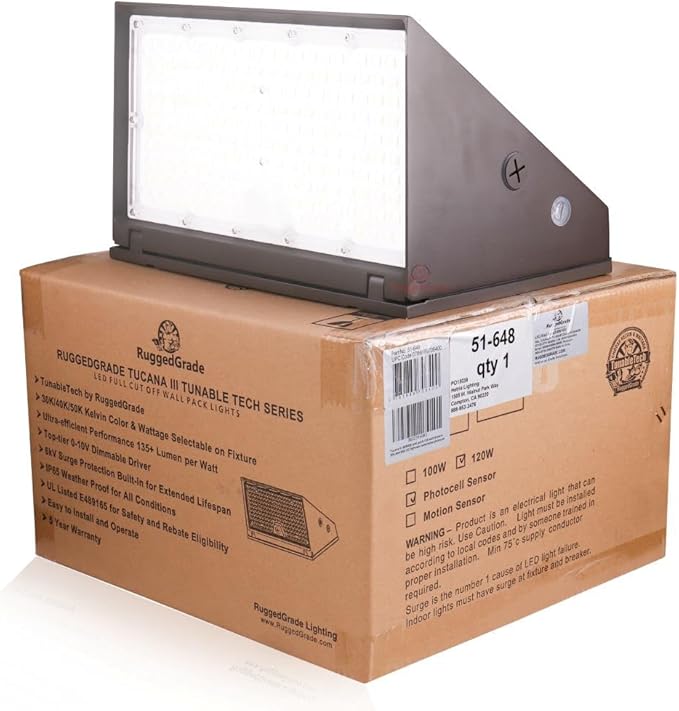 RuggedGrade 120W - Tucana III TunableTech Series - 17,200 Lumens - LED Wall Pack Light with Photocell - Color Selectable 3000K/4000K/5000K - Outdoor LED Light - DLC 5.1 Premium