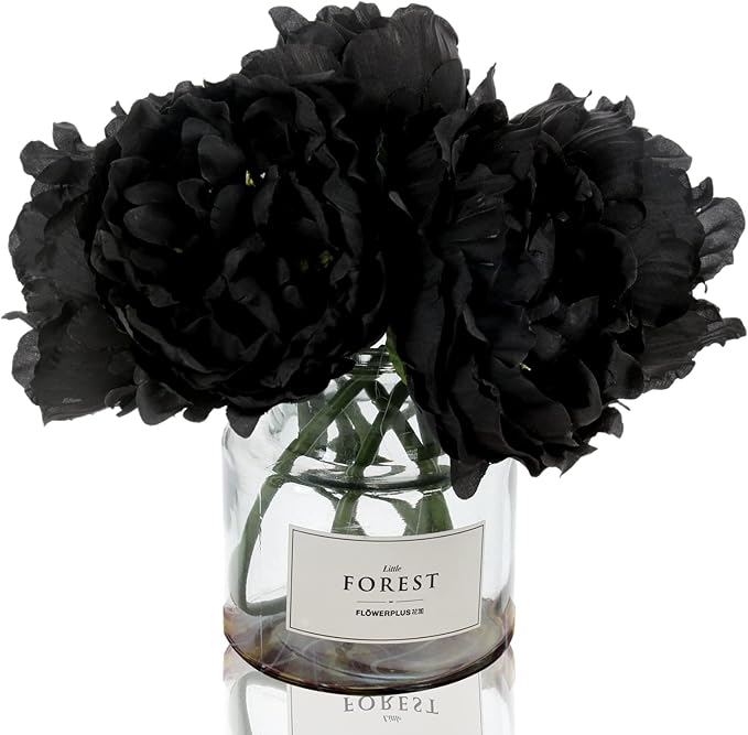 Tinsow Artificial Peony Flowers Black Silk Flowers Peony Bouqeut for Halloween Home Deorations Gothic Wedding (Black, 10)