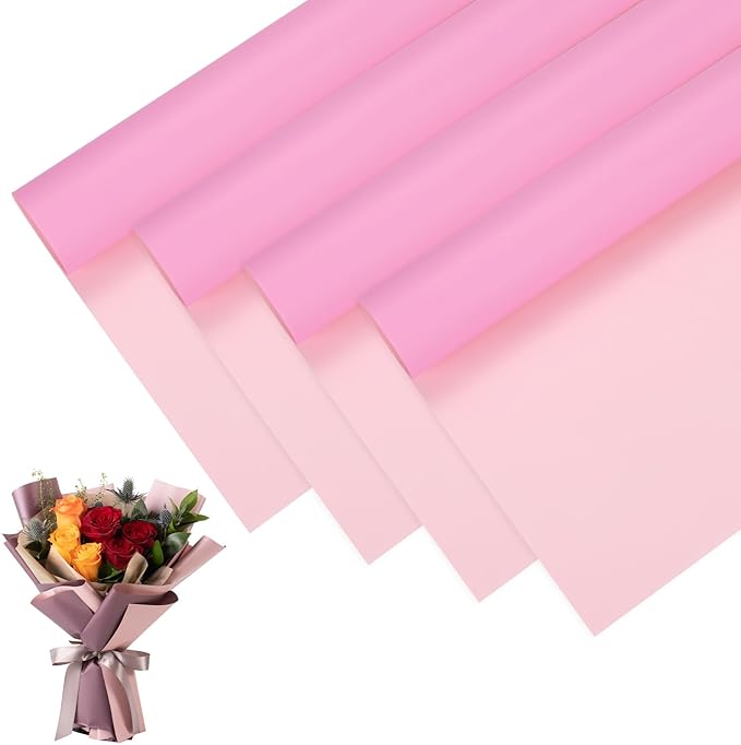 M METERXITY 20 Sheets Flower Wrapping Paper Bouquet, 23 Inch Double-Sided Pink & Light Pink BOPP Waterproof Floral Wrapping Paper Flower Packaging DIY for Wedding/Party/Gift Bouquet Wrap Paper