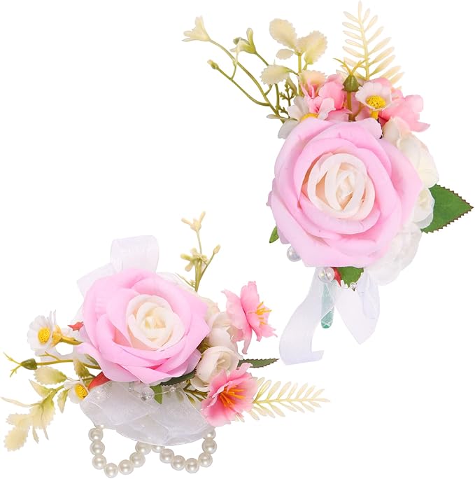 Wrist Corsage and Boutonniere Set, Artificial Rose Corsage Wristlet and Boutonniere for Wedding Prom Party (Light Pink, 2pcs)