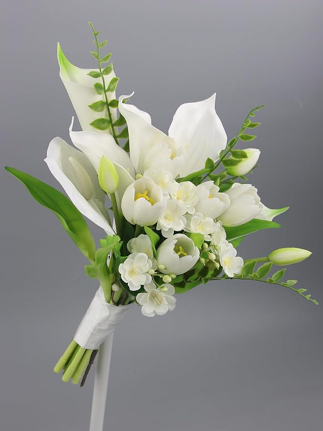 Rinlong 11.8 Inch Silk Posy Wedding Bouquets for Bride Artificial Tulip Small Toss Bridal Bouquet Courthouse Wedding Bridesmaid Prom Bouquet