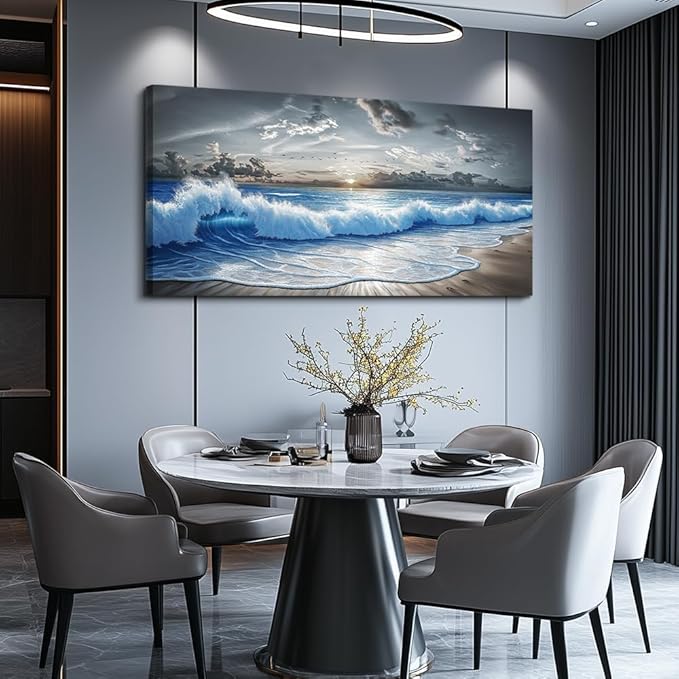 PHAOHUAXM Large Canvas Printed Artworks Mural Wall Decor For Living Room Wall Art For Bedroom Office Decor Black White And Blue Ocean Wave Landscape Painting Modern Home Decor Ready To Hang 30"X60"