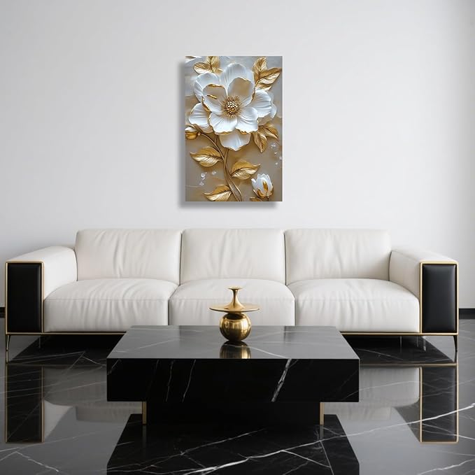ZSHARTSWD Abstract White & Gold Floral Canvas Wall Art Elegant Flowers Pictures Prints White Flower Golden Leaves Painting Living Room Bathroom Decor Framed (Beige, 42L x 28W)