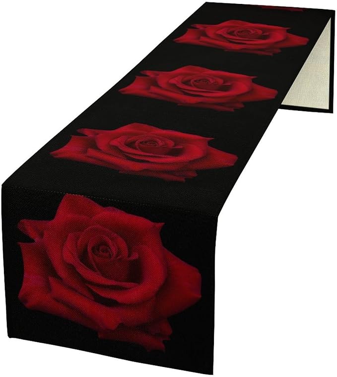 Red Rose Table Runner,Romantic Flower Black Table Runner for Indoor Outdoor Holiday Home Wedding Party 13x90 Inch