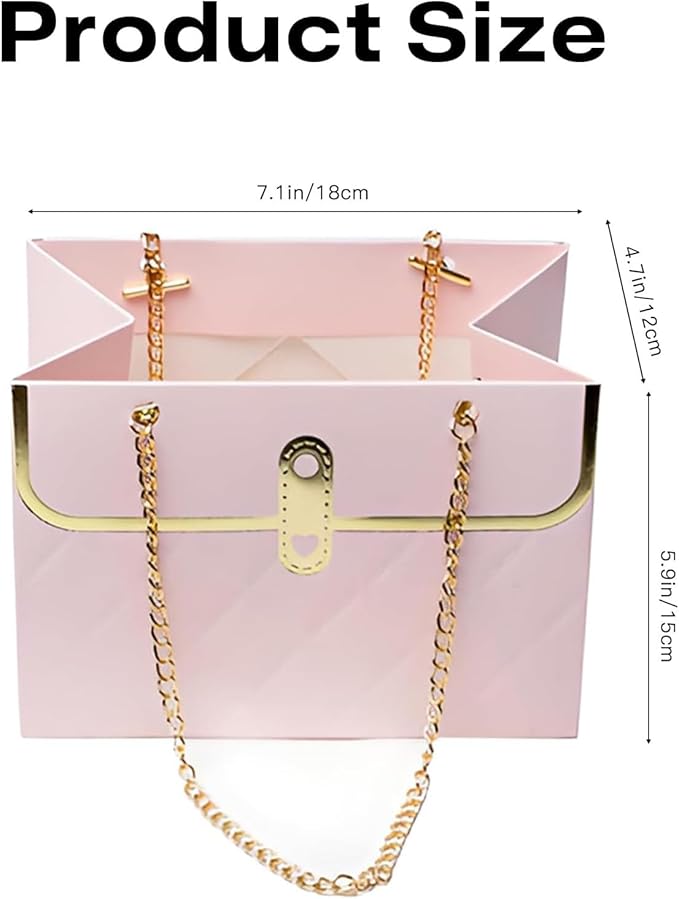 Jemattely Large Flower Paper Gift Bag,Bouquet Portable Flower Handbag Box with Metal Chain Rectangle Wedding Gift Wrap Bag Small Florist Carrier Bag for Wedding Mother Day Birthday Etc-4pcs Pink