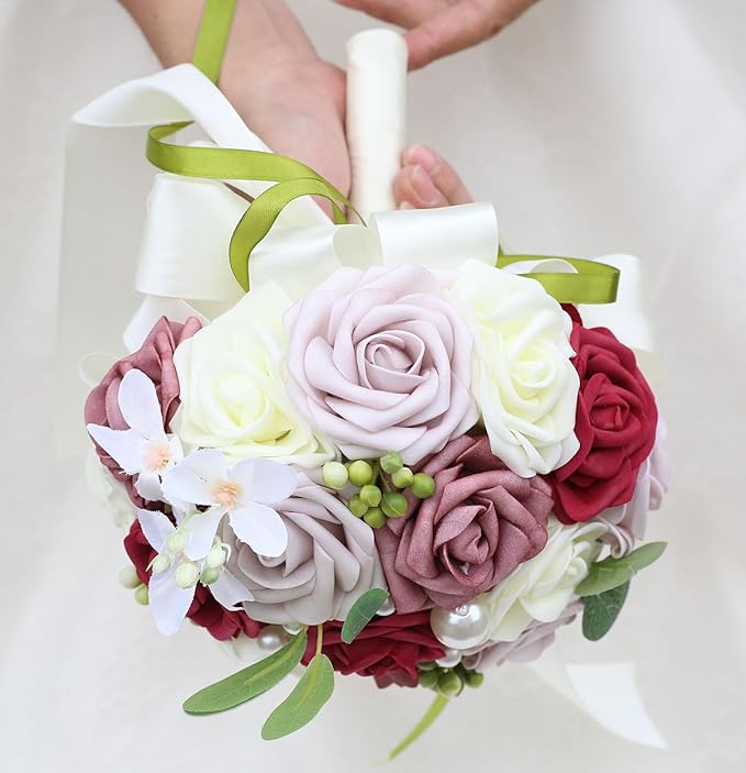 Lightweight Bridal Wedding Bouquet Round Holding Bouquet Throw Toss Artificial Rose Flower Bunch for Bride Bridesmaid Wedding Quinceanera (Cream, Smoky Rose, Light Taro & Burgundy, 9.1")