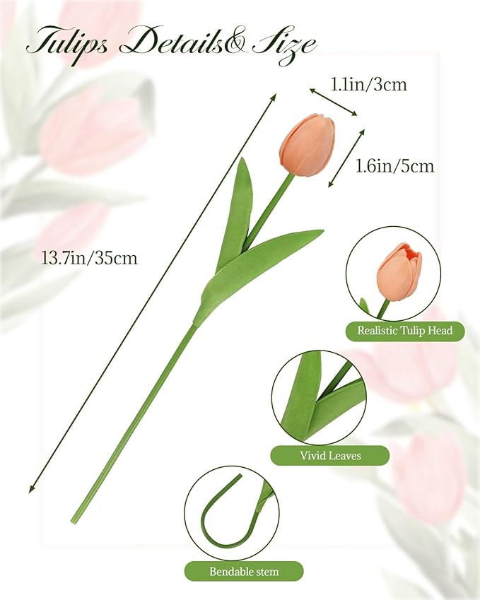 MACTING 30PCS Artificial Tulip Flowers Real Touch Fake Tulips Spring Faux Flowers for DIY Bouquet Floral Arrangements Table Centerpieces Kitchen Dining Room Home Mothers Day Decor(Light Orange)