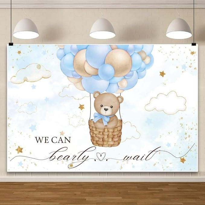 ChloropLastid We Can Bearly Wait Baby Photo Backdrop 8x6ft Baby Bear Blue Hot Air Balloon Background for Boys Balloons Clouds Stars Baby Shower Newborn Party Banner Decor Studio Prop Decor