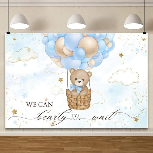 ChloropLastid We Can Bearly Wait Baby Backdrop Boy Bear Hot Air Balloon Baby Shower Photography Background Blue Balloons Clouds Stars Baby Party Cake Photo Decoration 10x8ft