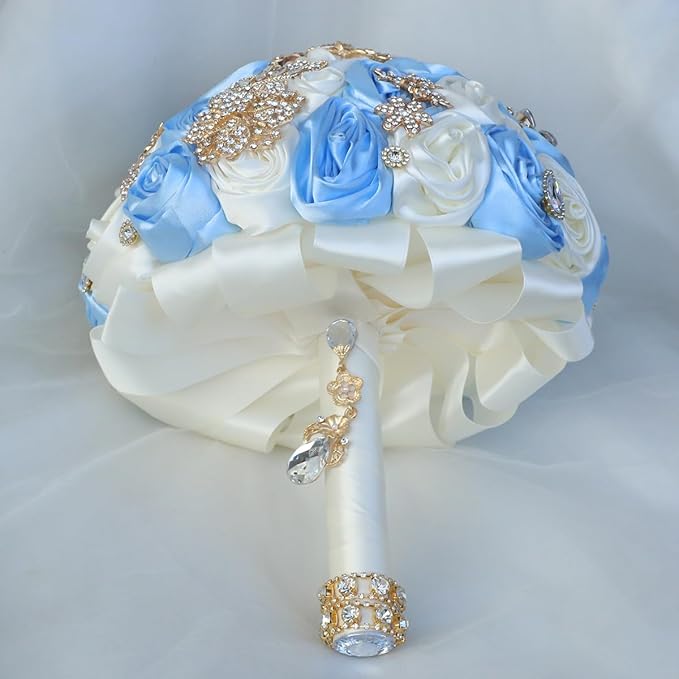 Handmade Satin Rose Floral Bling Pearl Decor Bridal Wedding Bouquet Rhinestone Pendant Artificial Brooch Flowers for Bride Bridesmaid Quinceanera