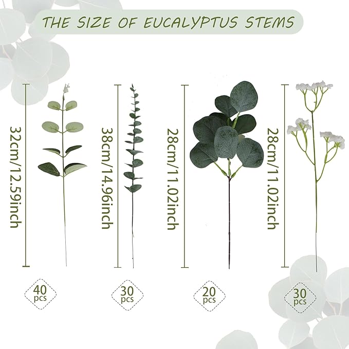 Artificial Eucalyptus Leaves Stems 120 Pcs 4 Kinds Mixed Fake Silver Dollar Eucalyptus Leaves Stem with Babysbreath Bulk Faux Leaf for DIY Bouquets Floral Arrangement Wedding Home Decor