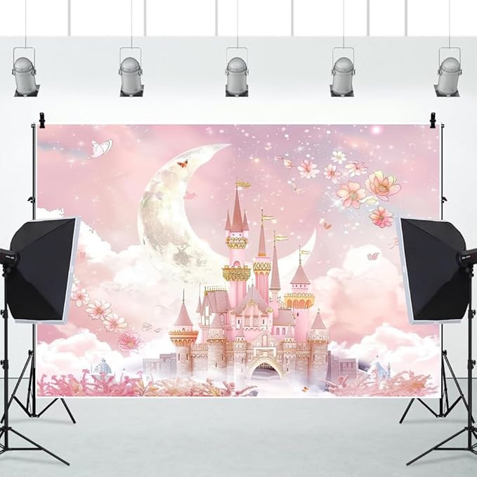 AOFOTO Castle Backdrop Princess Spring Pink Floral Moon Printed Fairy Tale Photography Background for Girl Birthday Baby Shower Party Banner Home Decor Wall Photo Studio Booth Props 6x4ft
