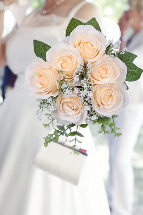 Artificial Rose Flower Artificial Flowers Flower with Long Stem Silk Roses Bouquet for Wedding Bridal Shower Party Home Decoration (Champagne, 12 Pcs)