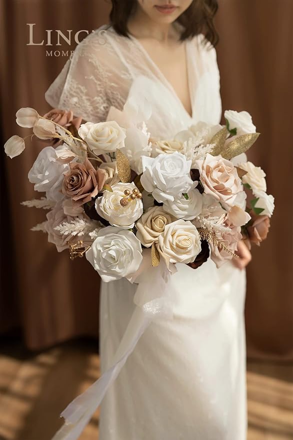 Ling's moment Artificial Flowers 50Pcs Cream Roses Decor w/Stems,3" Real Touch DIY Foam Floral for Wedding Bouquet/Centerpieces, Outdoors Party Backdrop, Room/Table, and Garden/Pot Decorations(2023)