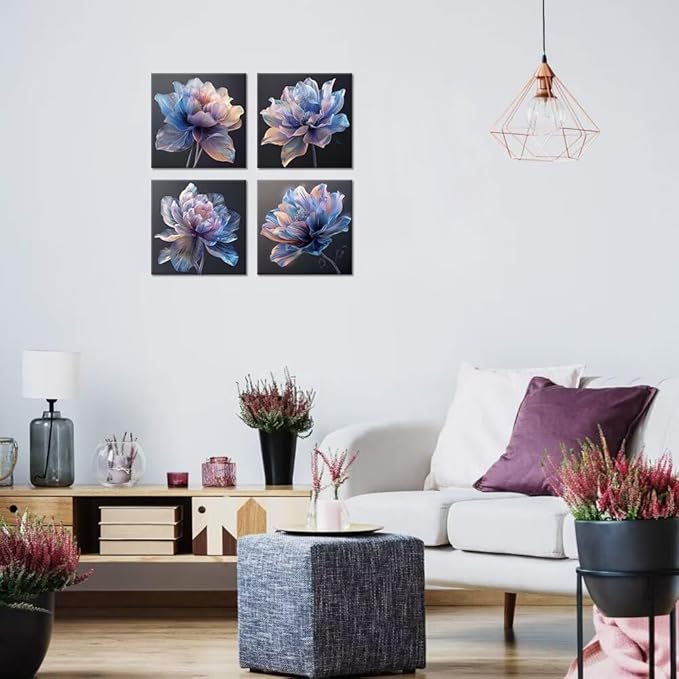 Pankila Blue Flower Wall Art for Living Room Bedroom Bathroom Floral Poster Abstract Canvas Flowers Wall Decor Life Pictures Home Decorations Framed Artwork Ready to Hang (16''W x 16''H x 4)