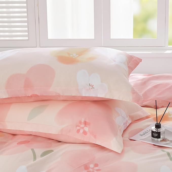 SAPHREAS Pink Floral Duvet Cover Set Full Size Blossom Flower Printed Bedding Comforter Cover Set 100% Cotton 1 Duvet Cover 90"x80" 2 Pillow Shams, Comforter Not Included