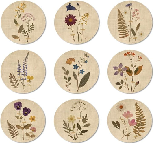 ANATTASOUL Coasters Set of 9 Vintage Flowers and Plants Pattern Colorful Wooden Coasters Bulk Round Housewarming Gift for New Home, 3.9" Decorative Coffee Table Protection for Farmhouse Bar Decor