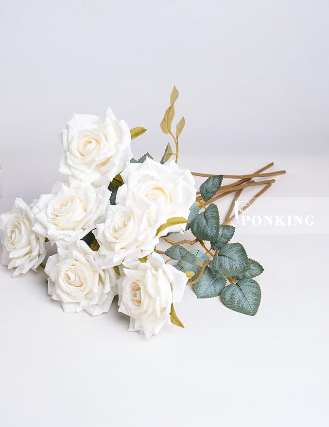 3.1"(8cm) Manta Rose Artificial Flower 7pcs Realistic Faux Silk Roses Fake Flowers Bouquets Arrangements Decor for Wedding Spring Mother's Day, Home Table Decorations, White Flower