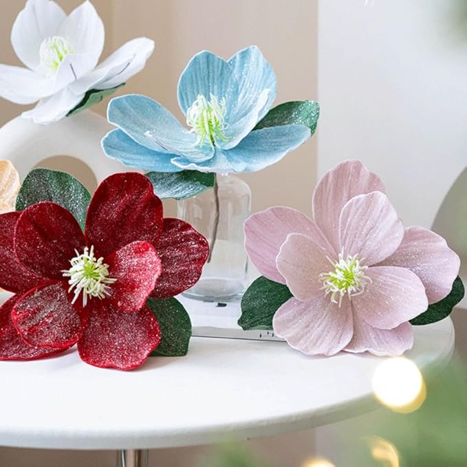 Artificial Magnolia Flowers with Glitter, Foldable Christmas Tree Decor for Holiday, Wedding, Home Vase Arrangements (Gold)