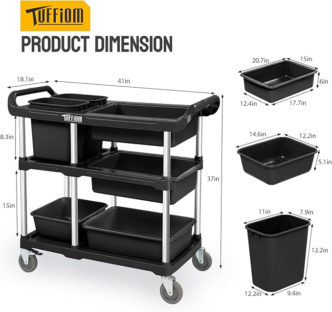 TUFFIOM 3-Tier Plastic Service Storage Utility Cart with Wheels, Heavy Duty Multi-Function Mobile Shelving Unit Organizer, Ideal for Restaurant, Foodservice, Office, Warehouse, Black