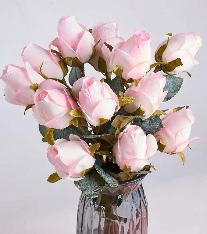 Rose Artificial Flower Buds 12pcs Realistic Faux Silk Roses Fake Flowers Bouquets Arrangements Decor for Wedding Spring Mother's Day, Home Table Decorations, Light Pink Flower