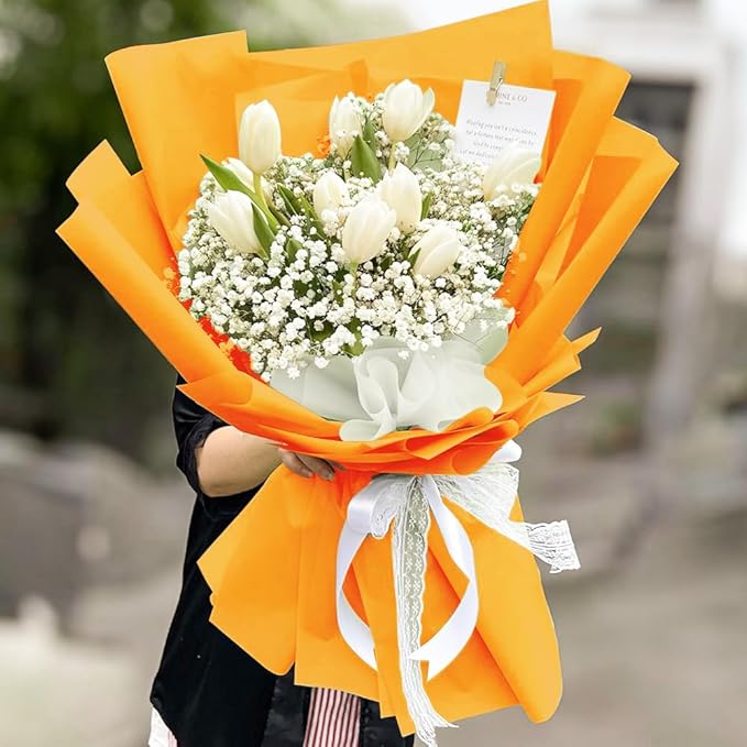 WRAPAHOLIC 20 Sheets Flower Wrapping Paper - 22.4 x 22.4 inch Pure Orange Color Water-Resistant Floral Bouquet Wrapping Paper, Florist Supplies Packaging for Wedding Birthday Gift DIY