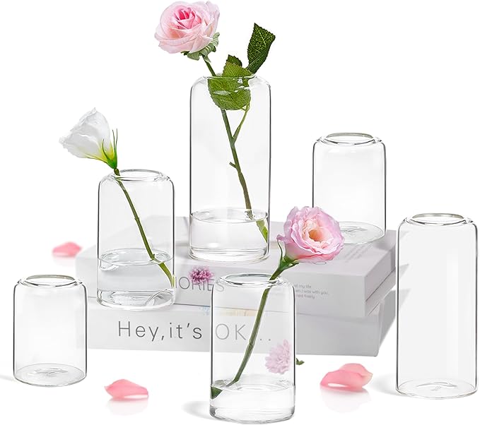 ZENS Bud Vases Set of 6, Modern Small Glasss Vase for Flower Clear Bud Vases in Bulk for Wedding Centerpiece, Blown Thicker Glass Small Vase for Flowers, Wedding Party Decorative, Home Bathroom Decor