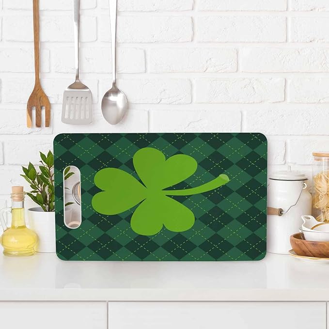 Clover Leaf Cutting Board St. Patrick's Day Green Geometric Stripes Cutting Boards Kitchen Chopping Board With Handles Non Slip 16 x 10 x 0.24 Inch