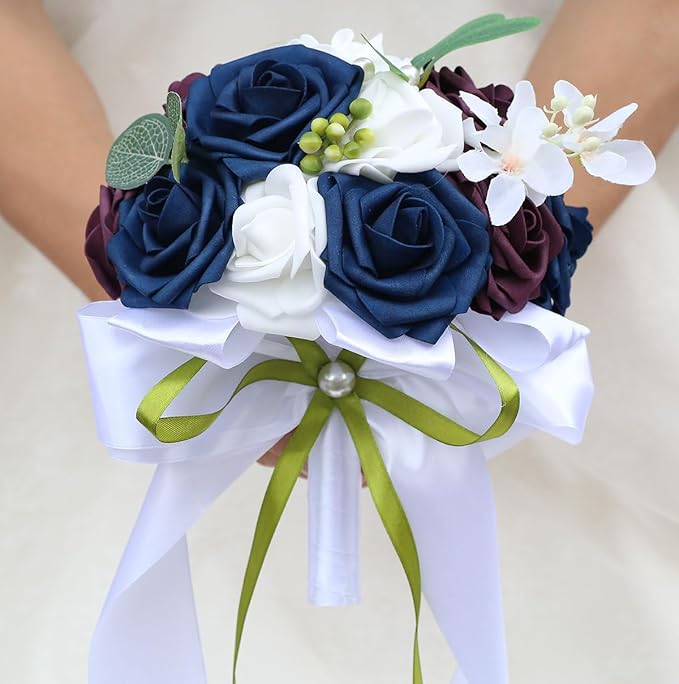 Lightweight Bridal Wedding Bouquet Round Holding Bouquet Throw Toss Artificial Rose Flower Bunch for Bride Bridesmaid Wedding Quinceanera (White, Navy & Dark Puce, 7.9")